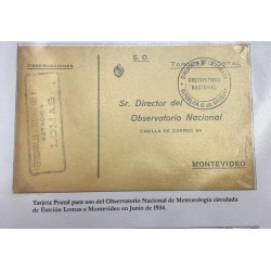 P) 1934 URUGUAY, POSTAL STATIONERY NATIONAL METEREOLOGY OBSERVATORY CIRCULATED OF TACUAREMBO TO MONTEVIDEO, XF