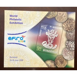 P) 2008 ROMANIA, EFIRO, WORLD PHILATELIC EXHIBITION, COINS, SOUVENIR SHEET, MNH