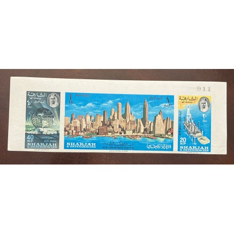 P) 1964 SHARJAH, WORLD EXHIBITION NEW YORK, AIRMAIL, SOUVENIR SHEET, IMPERFORATED, MNH