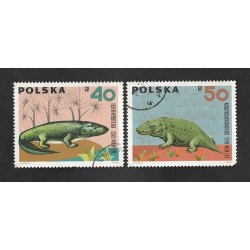 EL)1966 POLAND, PREHISTORIC FAUNA, ICHTHYOSTEGA, MASTODONSAURUS, 2 MNH STAMPS