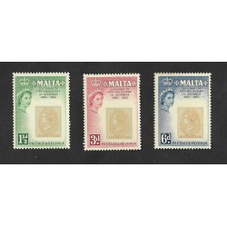EL)1960 MALTA, CENTENARY OF THE FIRST NATIONAL STAMP ISSUE, YELLOW HALFPENNY 1860, 3 MNH STAMPS