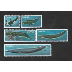 SD)1980 SOUTHWEST AFRICA MARINE LIFE, WHALES, ORCINUS ORCA, SOUTHERN WHALE, Sperm Whale, BLUE WHALE, 5 TIMBERS MNH