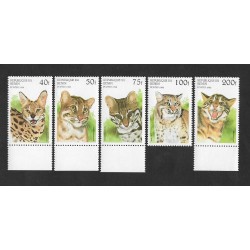 SD)1996 BENIN WILD CATS, SERVAL CAT, CARACAL, OCELOT, RED LYNX, BENGAL CAT, LEOPARD CAT, 5 TIMBERS MNH