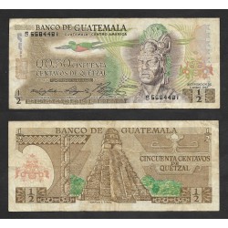 SE)1977 GUATEMALA, 50 CENT QUETZAL BANKNOTE FROM CENTRAL AMERICA, TECUN UMAN NATIONAL HERO, WITH REVERSE TEMPLE I, TIKAL, VF