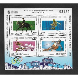 SE)1996 URUGUAY, IBERO-AMERICAN PHILATELY EXHIBITION & 100 YEARS MODERN OLYMPIC GAMES ATHENS HORSE RIDING, SKI JUMPING, TORCH A